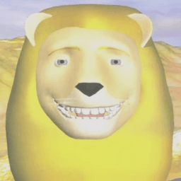 A low polygon cartoon lion smiling directly at the camera